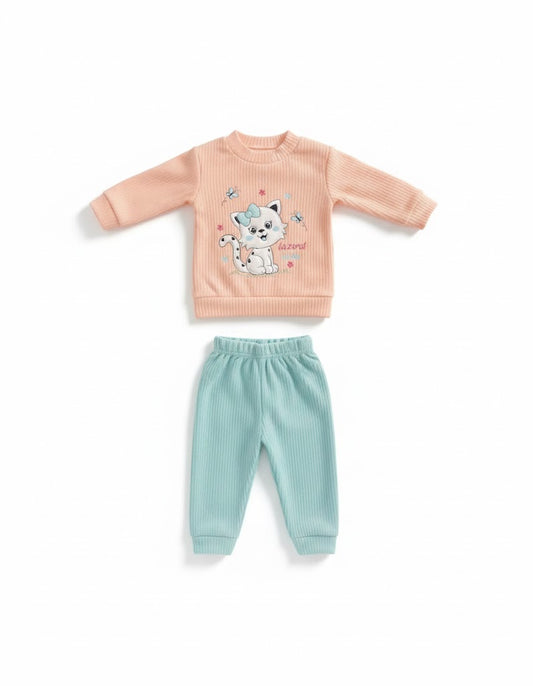 Sweet Ribbed Kitten Loungewear Set