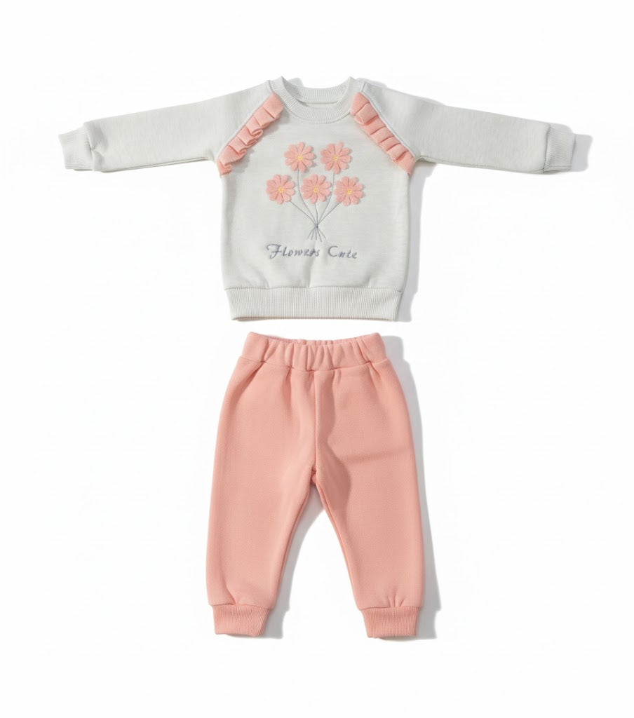 طقم رياضي للأطفال مطرز بالورود الناعمة (سويت شيرت وبنطال)