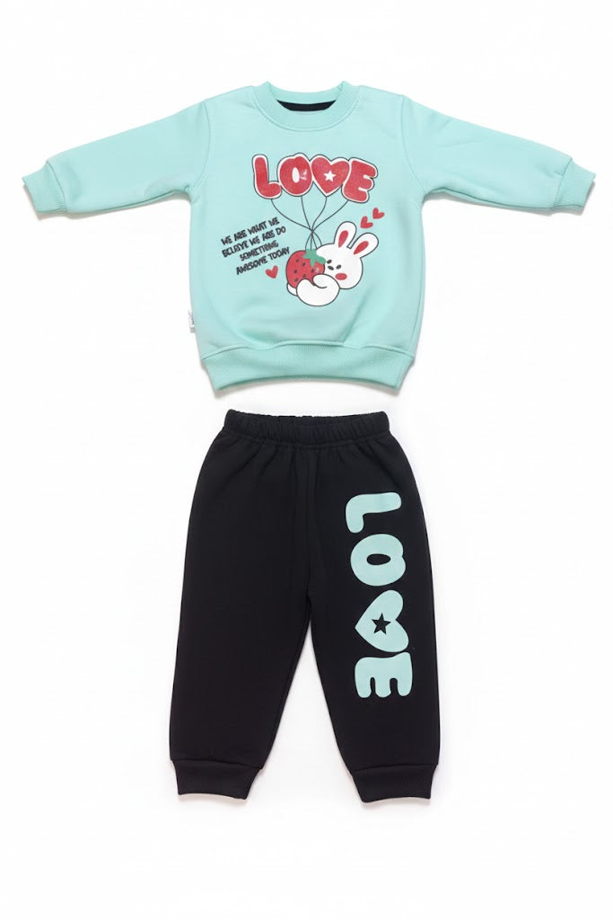 Bunny Print Mint Green Sweatshirt & Black Jogger Set for Baby/Toddler