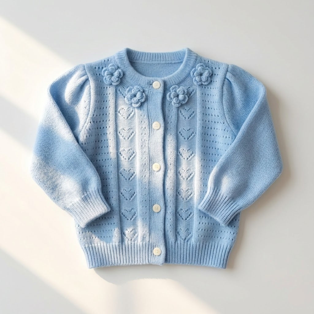تريكو بناتي سماوي بزهور بارزة ونقشات القلوب