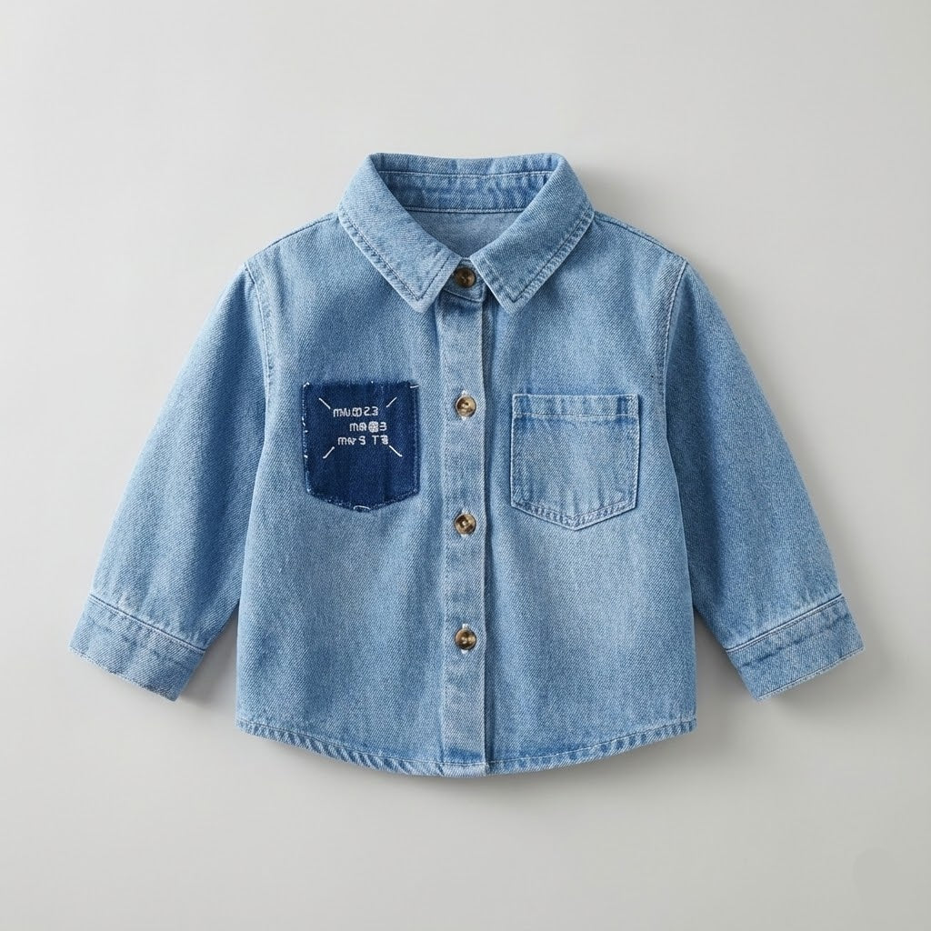 قميص جينز أطفال كاجوال أنيق بجيوب ورقعة مميزة - لون أزرق دنيم