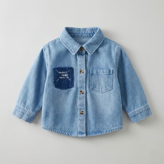 قميص جينز أطفال كاجوال أنيق بجيوب ورقعة مميزة - لون أزرق دنيم