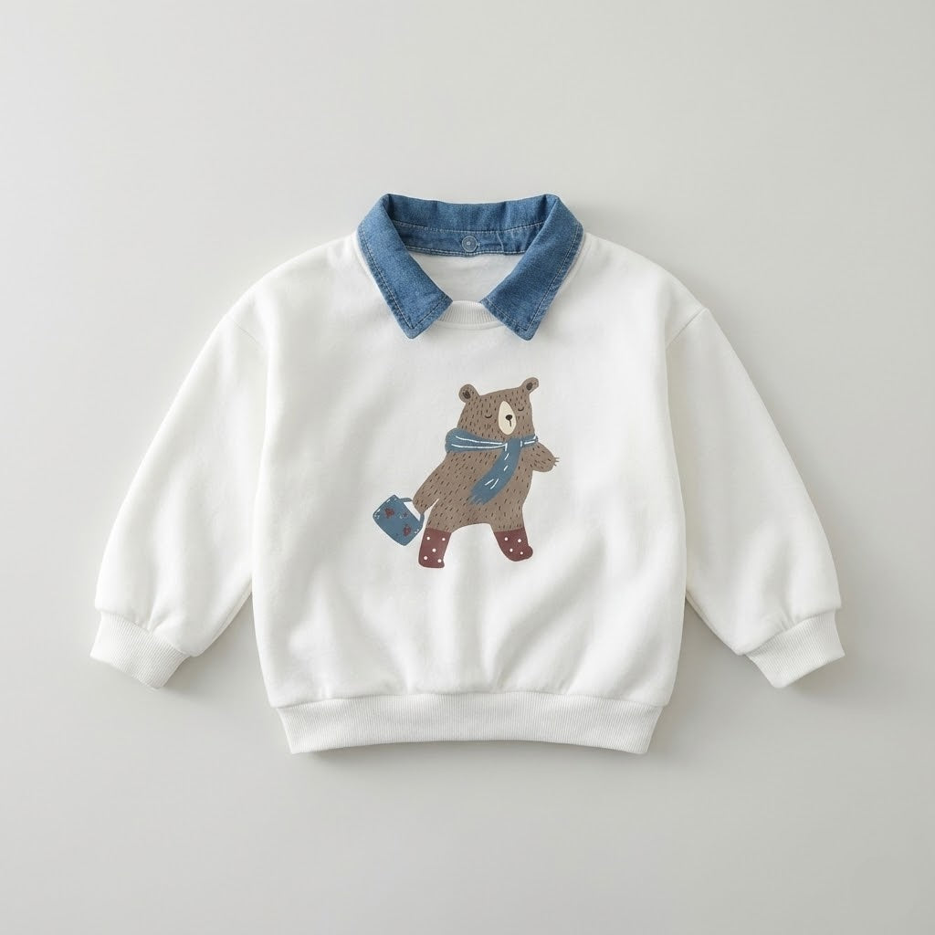 سويت شيرت شتوي للأطفال باللون الأبيض مع ياقة جينز وطبعة الدب الأنيق