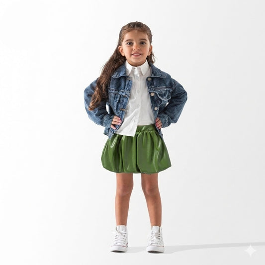 تنورة جلد بناتي بتصميم "البالون" العصري - لون زيتي مميز