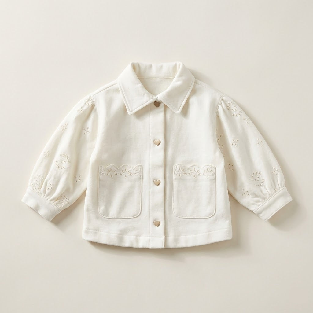 جاكيت بناتي أنيق باللون الكريمي - بأزرار قلوب وتفاصيل دانتيل ناعمة