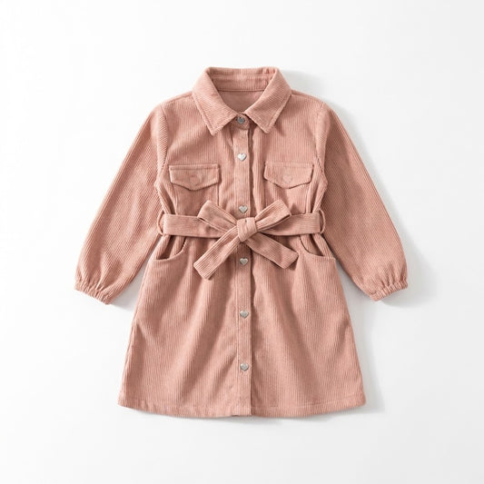 فستان بناتي شتوي أنيق من القطيفة المضلعة (كودري) مع حزام خصر - لون كشمير