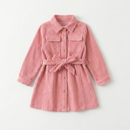 فستان بناتي وردي بأزرار أمامية وحزام للخصر