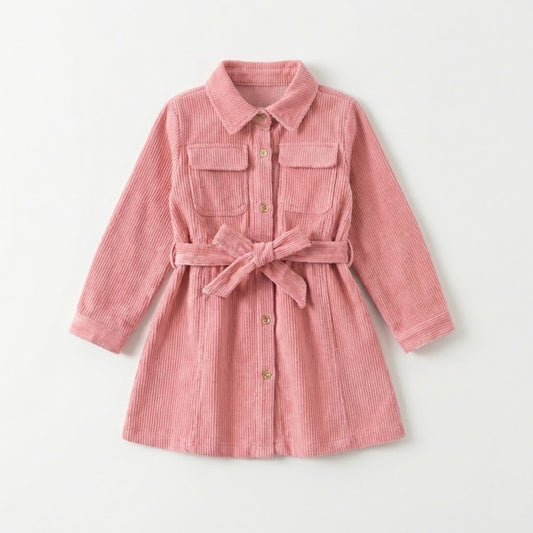 فستان بناتي وردي بأزرار أمامية وحزام للخصر