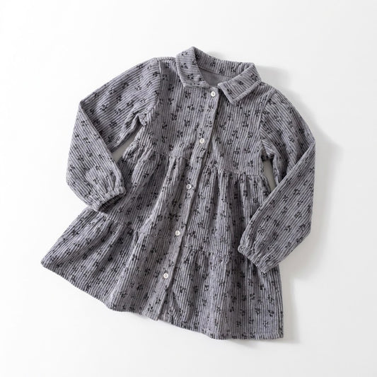 فستان بناتي شتوي مضلع  - رمادي أنيق بأزرار أمامية