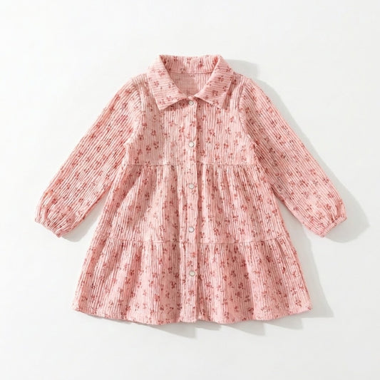 فستان أطفال وردي مكشكش بنقشة زهور رقيقة