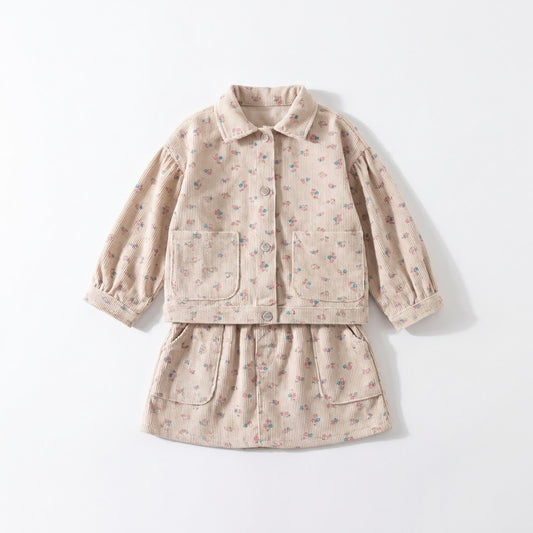 طقم بناتي شتوي أنيق من قطعتين - جاكيت وتنورة من المخمل المضلع بنقشة زهور رقيقة