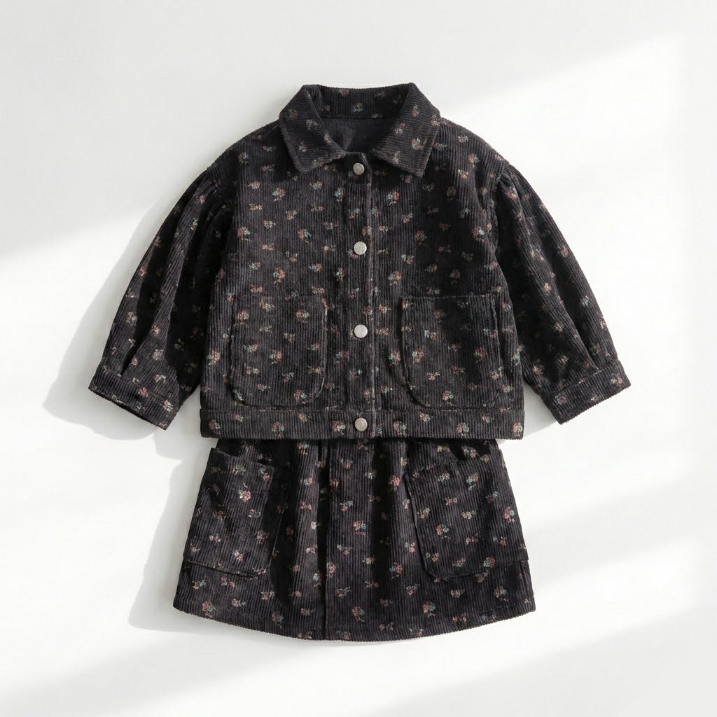 طقم شتوي أنيق للبنات (جاكيت وتنورة) من المخمل المضلع بنقشة الزهور