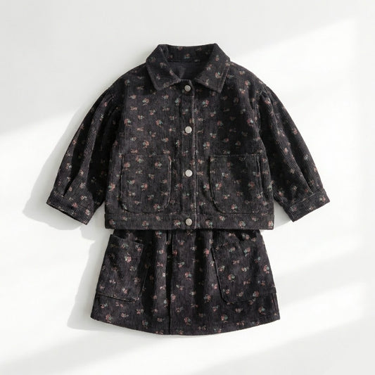 طقم شتوي أنيق للبنات (جاكيت وتنورة) من المخمل المضلع بنقشة الزهور