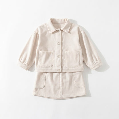 طقم بناتي أنيق من قطعتين (جاكيت وتنورة) - قماش مخمل مضلع (كودري) ناعم - لون كريمي