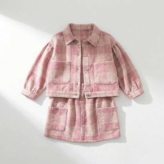 طقم شتوي كلاسيكي للفتيات - جاكيت وتنورة بنقشة الكاروهات (وردي وبيج)