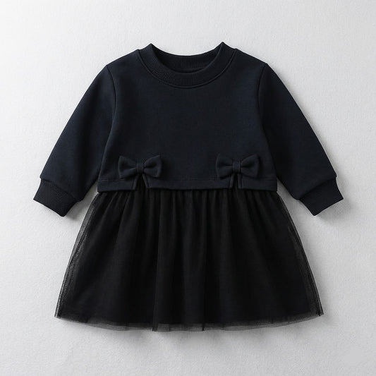 فستان بناتي أنيق باللون الأسود مع تنورة تول وفيونكات مزدوجة - إطلالة عصرية ومريحة