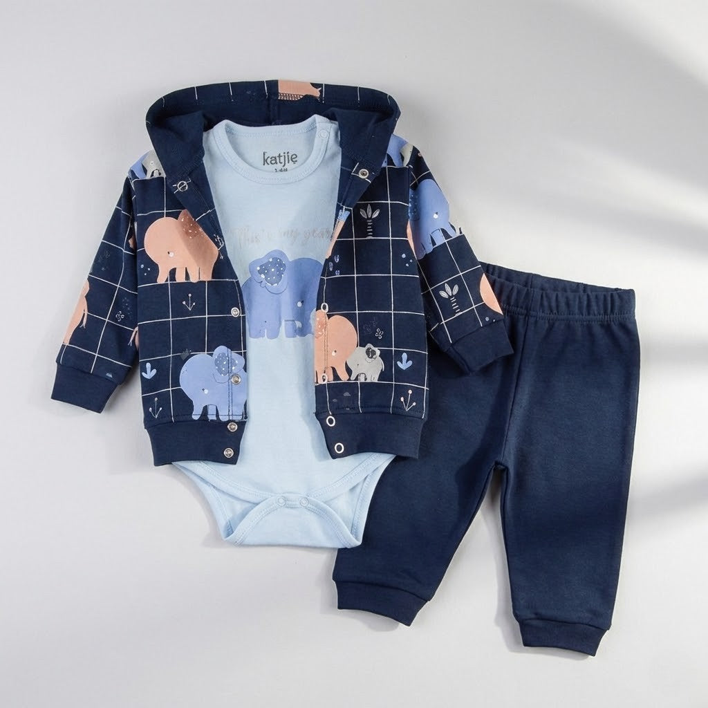 طقم  للأطفال ٣ قطع - قطن بتصميم الفيل المرح (أزرق وكحلي)