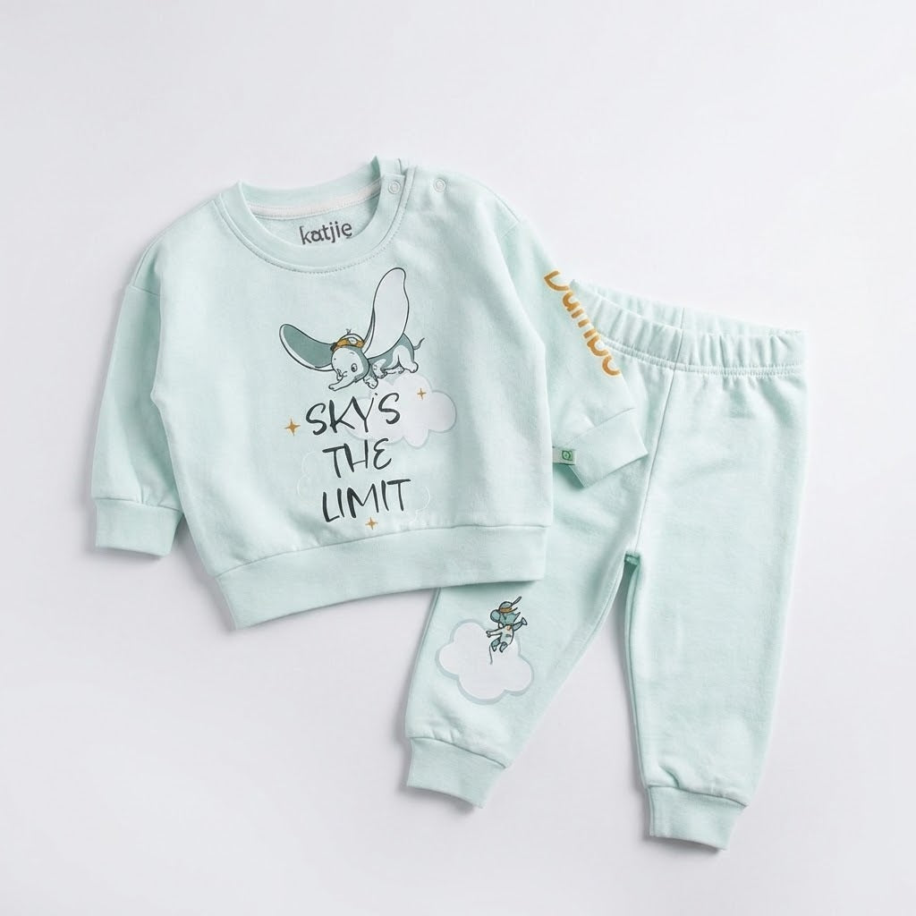 طقم ملابس أطفال قطني فاخر بتصميم "دامبو" – لون أخضر نعناعي