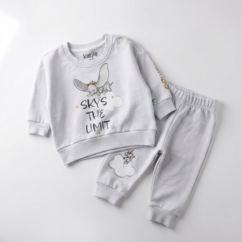 طقم بيجامة أطفال قطن - تصميم دامبو- رمادي فاتح