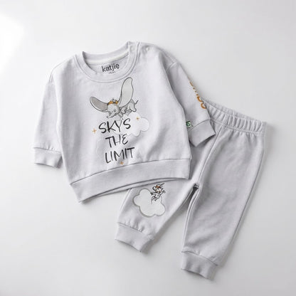 طقم بيجامة أطفال قطن - تصميم دامبو- رمادي فاتح