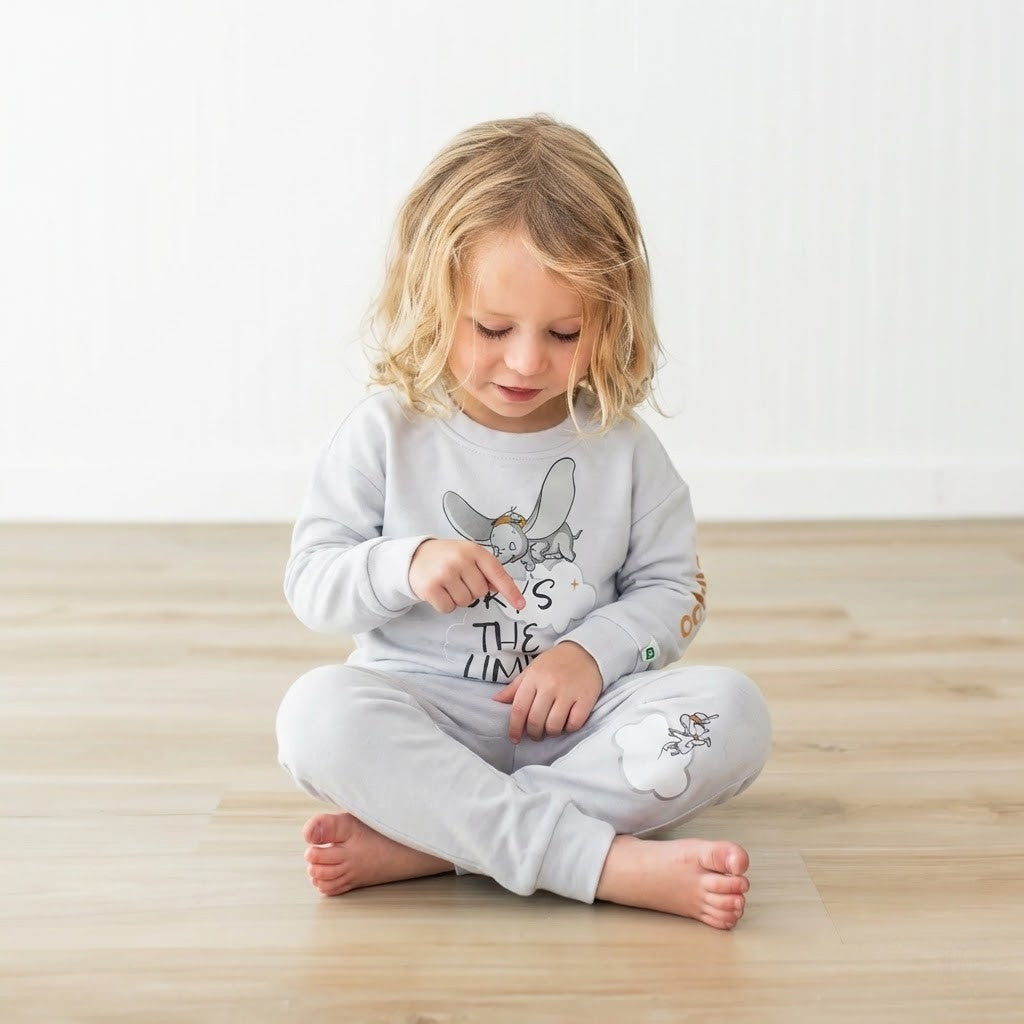 طقم بيجامة أطفال قطن - تصميم دامبو- رمادي فاتح