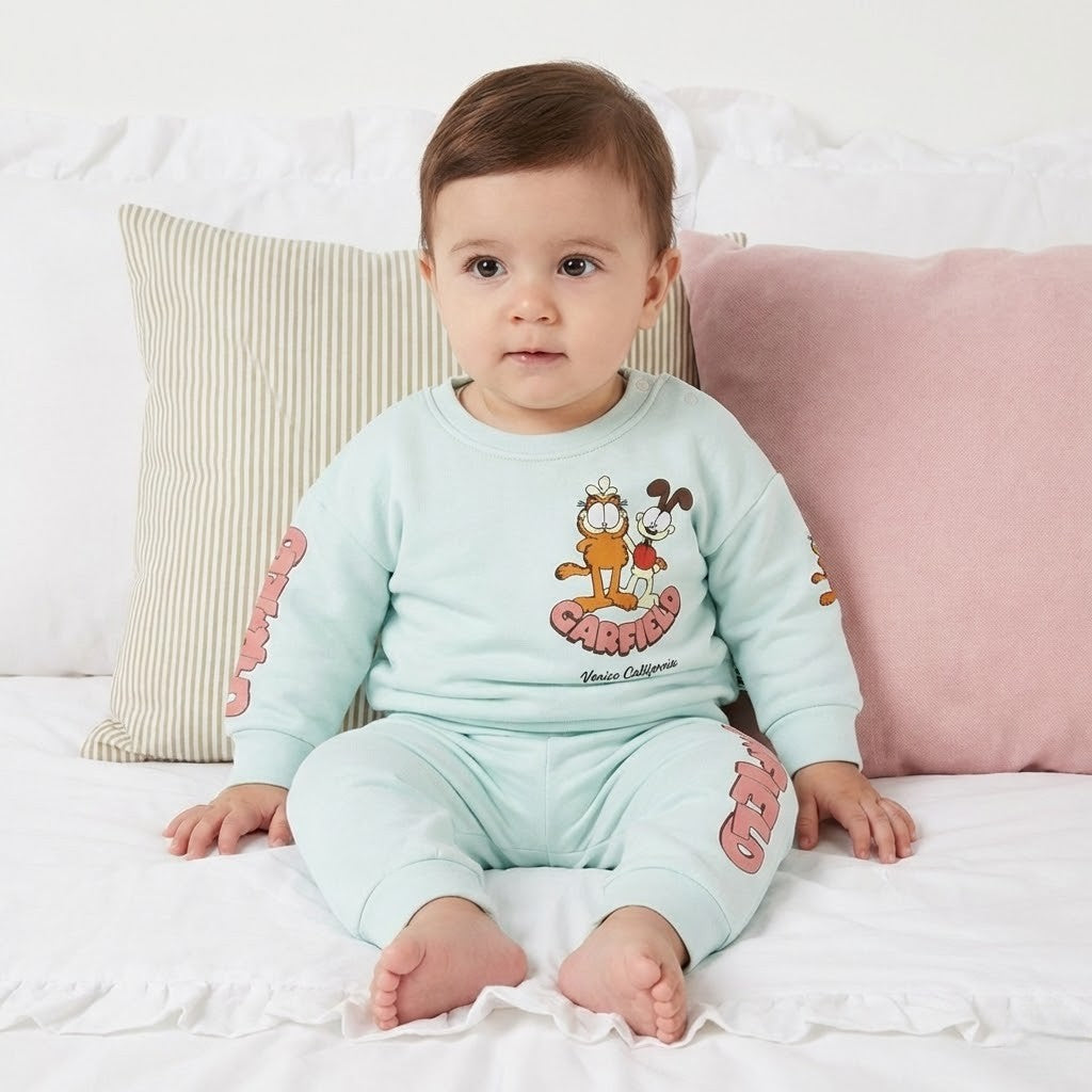 طقم أطفال قطن - سويت شيرت وبنطلون بطبعة جارفيلد المميزة (لون منت جرين)