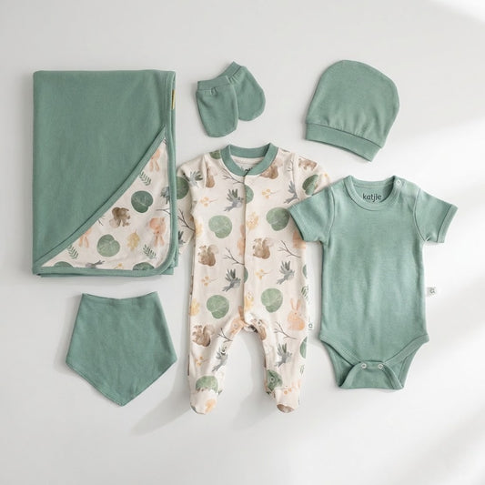 طقم مواليد حديثي الولادة 6 قطع من - قطن - لون أخضر (مينت) بنقشة الغابة -