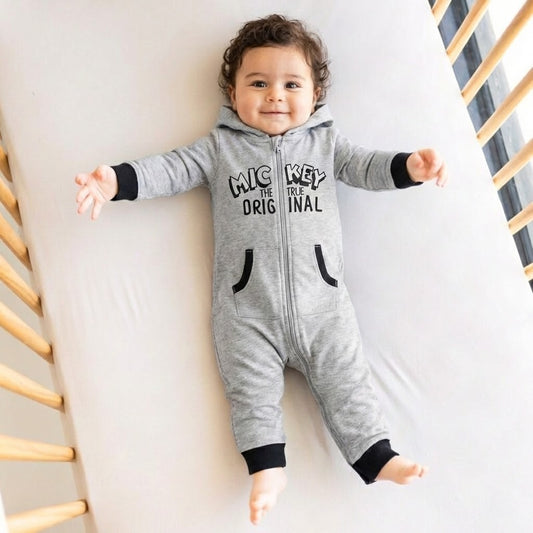 جمبسوت رمادية بتصميم "ميكي ماوس" مع غطاء للرأس وسحاب أمامي