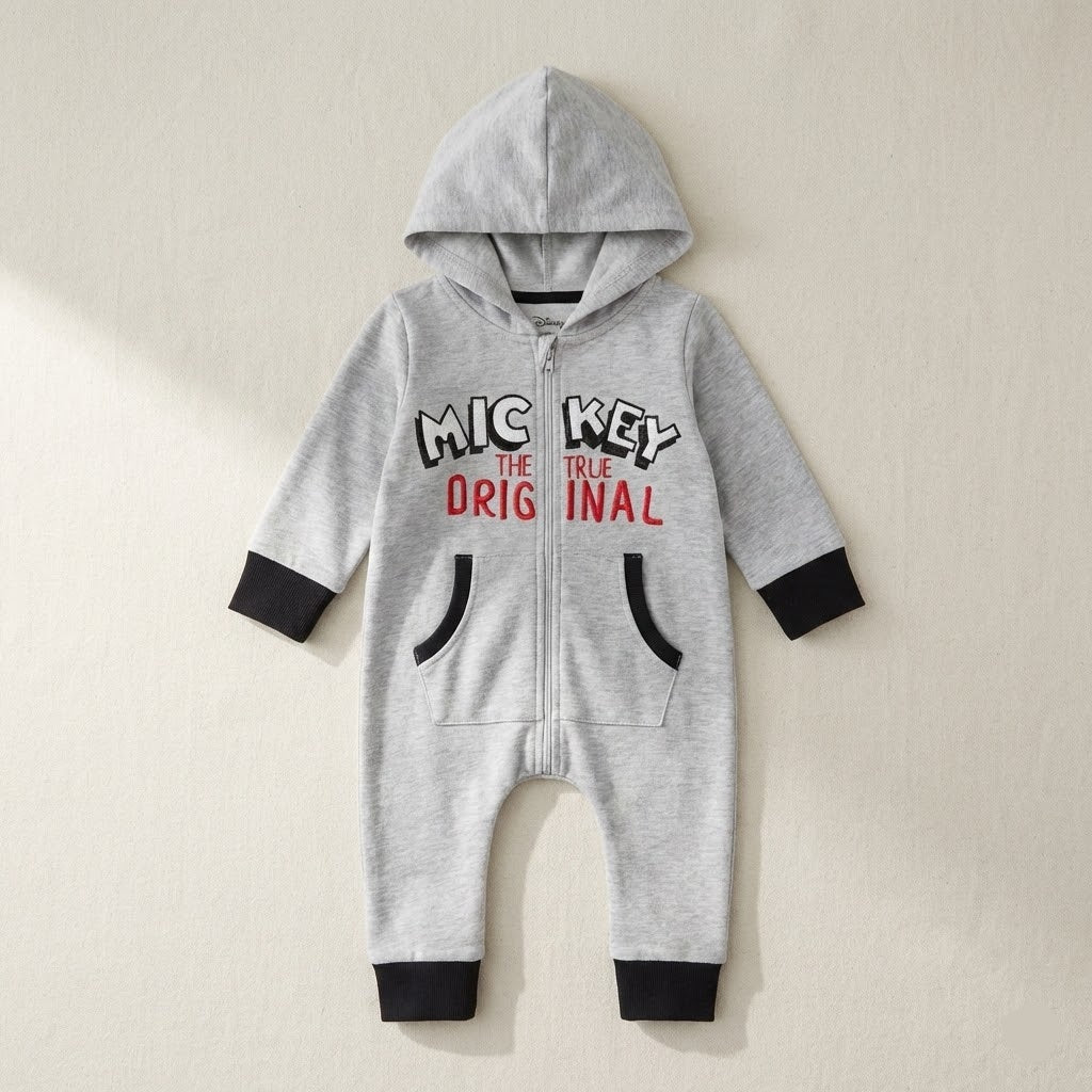 جمبسوت رمادية بتصميم "ميكي ماوس" مع غطاء للرأس وسحاب أمامي