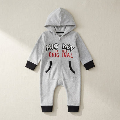 جمبسوت رمادية بتصميم "ميكي ماوس" مع غطاء للرأس وسحاب أمامي