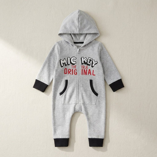 جمبسوت رمادية بتصميم "ميكي ماوس" مع غطاء للرأس وسحاب أمامي