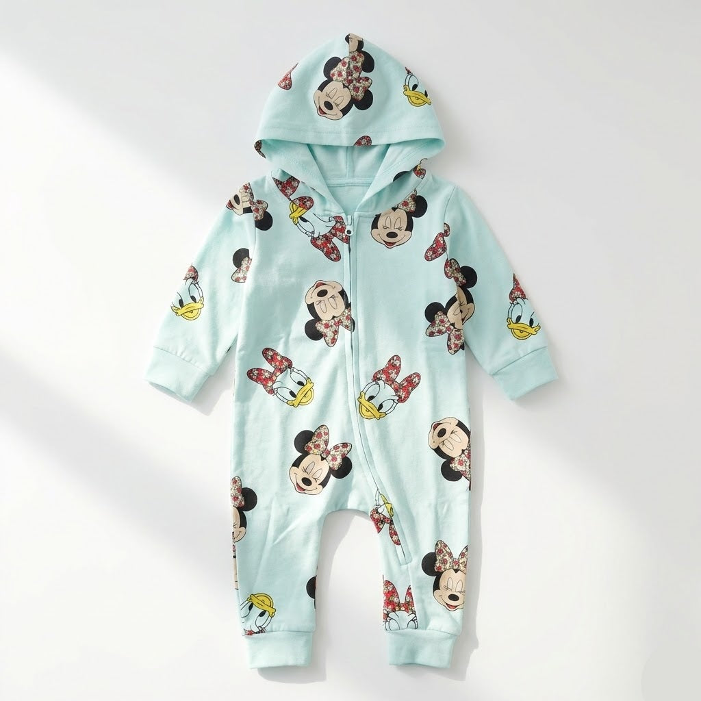 سالوبيت "ديزني" قطعة واحدة للرُضّع بغطاء للرأس نقشة ميني ماوس وديزي داك – لون سماوي
