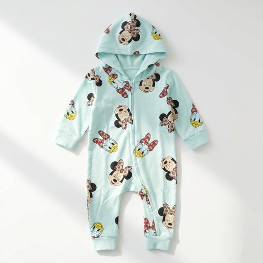 سالوبيت "ديزني" قطعة واحدة للرُضّع بغطاء للرأس نقشة ميني ماوس وديزي داك – لون سماوي