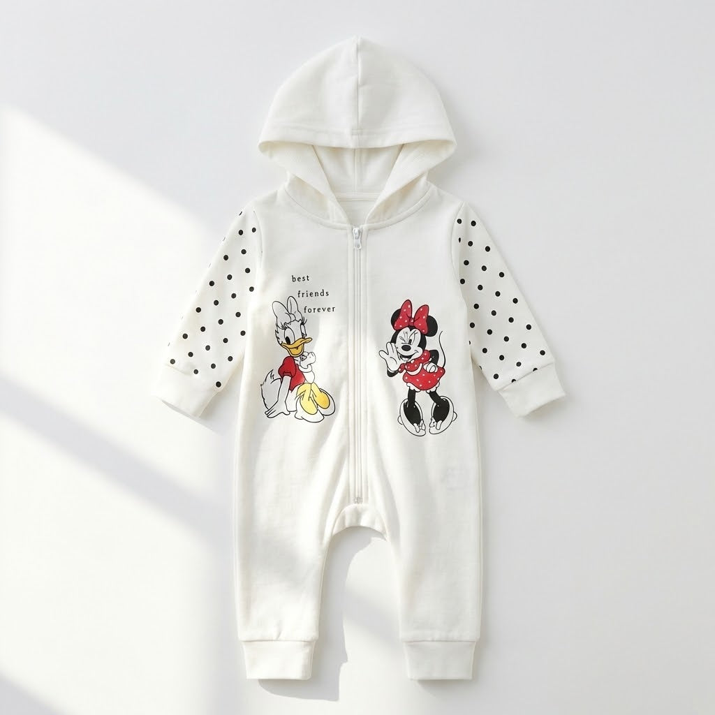 رومبر أطفال قطني باللون الأبيض مع غطاء للرأس - تصميم "ميني ماوس" و"ديزي داك"