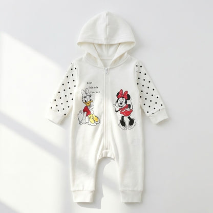 رومبر أطفال قطني باللون الأبيض مع غطاء للرأس - تصميم "ميني ماوس" و"ديزي داك"