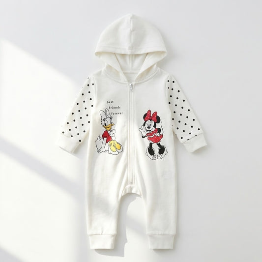 رومبر أطفال قطني باللون الأبيض مع غطاء للرأس - تصميم "ميني ماوس" و"ديزي داك"