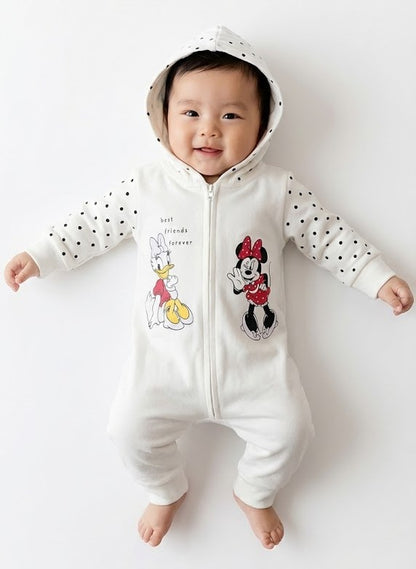رومبر أطفال قطني باللون الأبيض مع غطاء للرأس - تصميم "ميني ماوس" و"ديزي داك"
