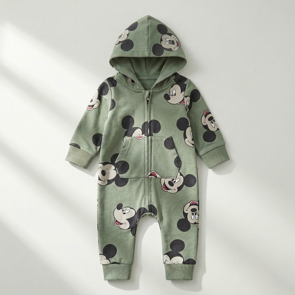 سالوبيت أطفال قطني مريح بطبعة "ميكي ماوس" وغطاء رأس - لون أخضر زيتوني