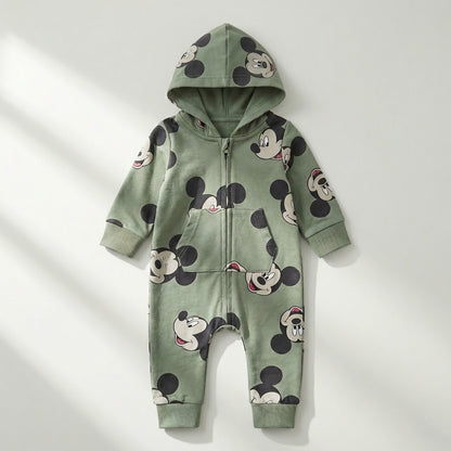 سالوبيت أطفال قطني مريح بطبعة "ميكي ماوس" وغطاء رأس - لون أخضر زيتوني