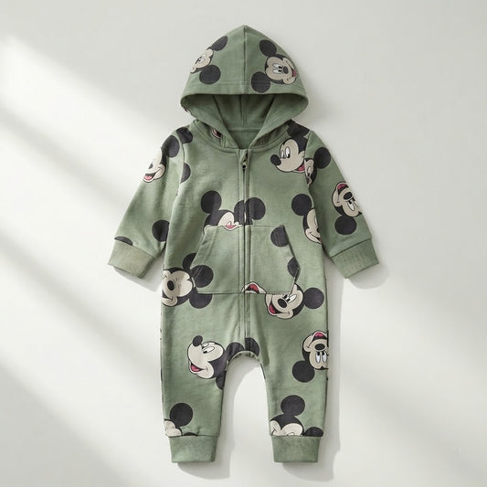 سالوبيت أطفال قطني مريح بطبعة "ميكي ماوس" وغطاء رأس - لون أخضر زيتوني