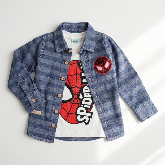 طقم أطفال ولادي "كاجوال" من قطعتين – قميص أزرق أنيق وتيشيرت بطبعة سبايدر مان