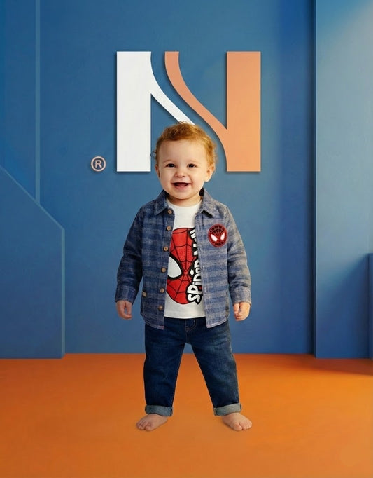 طقم أطفال ولادي "كاجوال" من قطعتين – قميص أزرق أنيق وتيشيرت بطبعة سبايدر مان