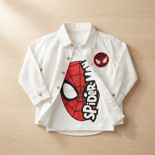 طقم أطفال ولادي "كاجوال" من قطعتين – قميص ابيض أنيق وتيشيرت بطبعة سبايدر مان