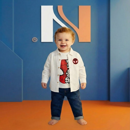 طقم أطفال ولادي "كاجوال" من قطعتين – قميص ابيض أنيق وتيشيرت بطبعة سبايدر مان