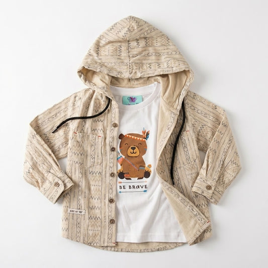 طقم "المغامر الصغير" للأطفال – قميص بغطاء رأس بنقوش هندسية مع تيشيرت