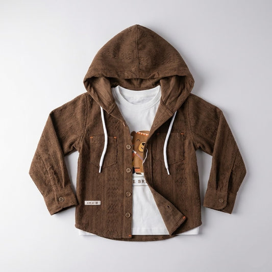 طقم خروج ولادي شتوي أنيق 2 قطعة - قميص "هودي" بني وشيرت بطبعة الدب