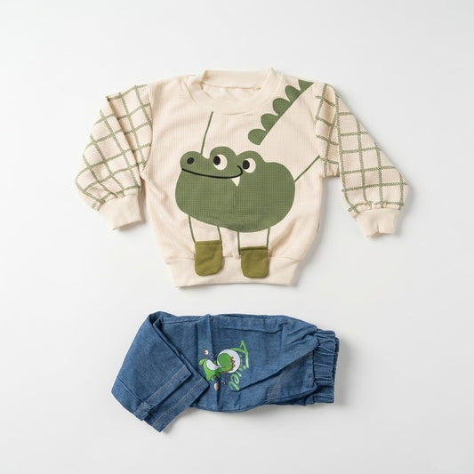طقم أطفال ولادي قطعتين | سويت شيرت بتصميم التمساح مع بنطلون جينز مريح