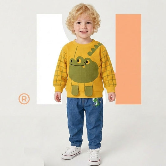 طقم أطفال ولادي قطعتين | سويت شيرت اصفر بتصميم التمساح مع بنطلون جينز مريح