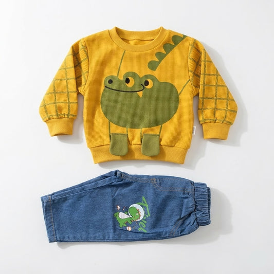 طقم أطفال ولادي قطعتين | سويت شيرت اصفر بتصميم التمساح مع بنطلون جينز مريح