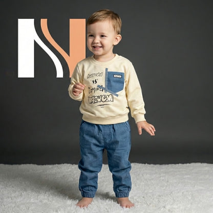 طقم للأطفال (قطعتين) - سويت شيرت بلون بيج الدافئ مع بنطال جينز مريح